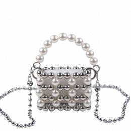 women Evening Bags Pearl Sier Shoulder Pearl Clutch Bag Hand-made Pearl Bucket-type Handbag Chic Ladies Menger Bags Bolso M 804h#