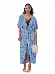 blue Leopard Spot Print Plus Size Self Belted Frt Ong Kimo Dr 2024 Women Summer Beachwear Swimsuit Cover Up Q1225 p5cO#