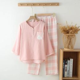 Home Clothing Est Spring Thin Simple Style Cotton Split Long Sleeve Trousres Pyjamas Suit Chequered Pants Women Pyjama Set