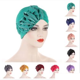 Beanie/Skull Caps Muslim Women Solid Pre Tied Ruffle Turban Hat Cancer Chemo Beanie Flower Drill Cap Headwear Headwrap Head Dhgarden Dhzud
