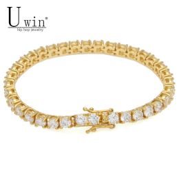 Bracelets UWIN Mens Tennis Bracelet Gold Colour Copper Material Iced Out 1 Row CZ Chain Hip hop Style 3mm 4mm 5mm Charms Jewellery