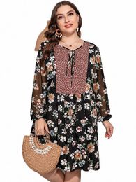 finjani Women's Plus Size Dres Lg Sleeve Floral Print Bodyc Hem Dr Casual Clothing For Summer New X3Cp#