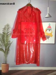 Mauroicardi Spring Autumn Cool Long Red Transparent Faux Leather Trench Coat Men Double Breasted Luxury Designer Emo Clothes