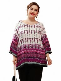4xl 5XL Plus Size Blouses Tee Shirt Women Summer Lg Sleeve Retro Floral Print Vintage Blouse Loose Oversized Ladies Tops 8890#