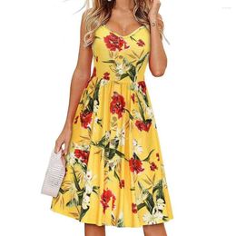 Casual Dresses Summer Fashion Women Loose V-Neck Sleeveless Large Hem Beach Dress Flower Print Sling Short Sundress Ladies Vestidos