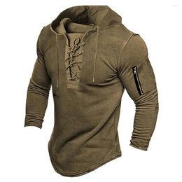 Men's Hoodies No Ironing Men Hoodie Vintage Lace-up Stylish Pullover With Zipper Detailing Slim Fit For Spring Fall Casual Style