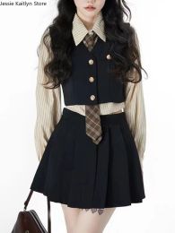 Japanese Style Kawaii School Uniform Korean Cute Girl Anime Cosplay JK Uniform 2023 Autumn Knitting Vest and Pleated Skirt Sets