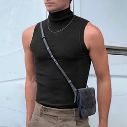 Fashion Sleeveless Turtleneck Tank Tops Men Casual Solid Colour Ribbed Camisole Mens Trendy Bottom Tops Male Vest Streetwear 240328