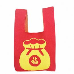 new Year Lucky Bag Red Drag Knit Handbag Portable Handmade Knot Wrist Bag Large Capacity Tote Bag Reusable Shop 481E#