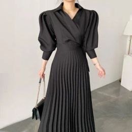 Basic Casual Dresses Long Sleeve High Waist Spring Luxury Autumn Woman Pleated Dress Female A-Line Party Elegant Vintage Maxi For Wome Dhunb