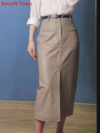 Women Long Leather Skirt 2023 Winter Euro-American Calf Length 100% Sheepskin Slim Pencil Skirt With Belt Femme Front Split Saia