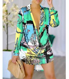 Designer Women V Neck low-cut sexy Shirt New Spring Chain Royal Printed Blouse Floral Blouses Fashion Shirts Tops Long Sleeved Shirt dress