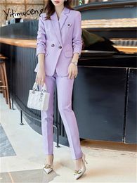 Women's Two Piece Pants Yitimuceng Purple 2 Sets Office Wear Women 2024 Fashion Turn Down Collar Long Sleeve Blazers Chic Pencil Suits