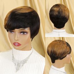 Short Bob Straight Human Wigs With Bangs Brazilian Hair Pixie Cut Wig Cheap Human Hair Wig For Black Women Burgundy Ombre Colore