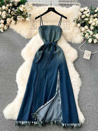 Urban Sexy Dresses SINGREINY Summer Gradient Denim Long Dress Women Spaghetti Strap Elastic Waist Vintage Tassel Split Backless Beach Maxi yq240330