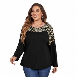 plus Size Women's Leopard Print Top Tee Lg Sleeves Screw Neck Blouses Colour Block Spring Casual Raglan Shirt Female Clothing 91Ul#