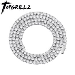 Clips TOPGRILLZ 3MM6MM Spring buckle Iced Out Full Cubic Zircon 1 Row Tennis Chain Necklace Gold Silver Colour Hip Hop Jewellery