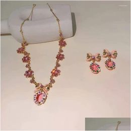 Earrings Necklace Set Top Luxury Pink Rhinestone Bow For Women With Sparkling Geometric Crystal Wedding Party Jewellery Gift 2024 Dro Dhzsa