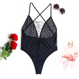 Plus Size Womens Sexy Lace Bodysuit Lingerie Open Crotch and Chest Sex Translucent Lace Mesh Underwear Erotic Intimate Sleepwear
