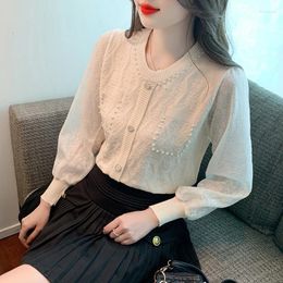 Women's Blouses 2024 Spring Small Fragrant Wind Nailed Beads Lace Sleeve Sweater Female Sweet Style Round Neck Top