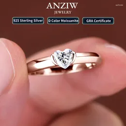 Cluster Rings Anziw Rose Gold Color 0.5ct Heart Shaped Moissanite Solitaire Engagement Ring Silver 925 For Women Promise Wedding Bands