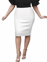 white Skirts High Elastic Waist Knee Length Women Office Work Casual Busin Package Hip Pink Summer 3XL Pencil Plus Size Skirt y3W6#