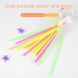 Drinking Straws 100pcs Plastic Dual Use Scoop Shaped Straw Mixed Colour Ice Cream Straight Beverage Party Supplies