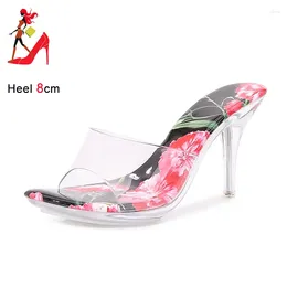 Slippers Crystal Transparent Heel Fashion Slides Women Shoes 2024 Summer Perspex High Heels 8CM Outdoors Clear Sandals Mules