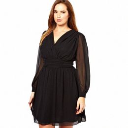 plus Size Lg Lantern Sleeve Chiff Party Dr Women Sexy V-neck Spring Knee Length Black Elegant Fi A-line Wrap Dr 61qr#