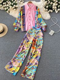 Women Fashion Luxury Chain Print Shirt Top Full Length Pant Autumn Contrast Colour Long Sleeve Buttons Blouse 2 Piece Set 240321