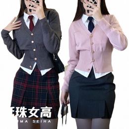 spring 2024 Japanese Korean Uniform Sweater Cardigan Pink Sweet Girls Daily Casual JK Uniform Short Sweater Coat Slim Waist Top Y6OZ#