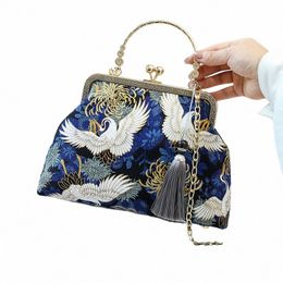 women Antique Style Vintage Fringe Bag Small Shell Bags Chain Shoulder Crossbody Bag Chic Crane Printed Handbags Purses U3AI#