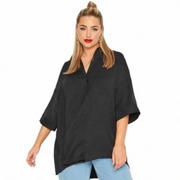 plus Size V-neck Spring Autumn Elegant Hi Low Blouse Women Loose 3/4 Sleeve Black Tunic Tops Large Size Blouse And Tops Shirt 6X S32L#