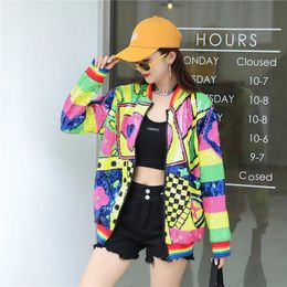 Spring Womens Geometric Sequined Baseball Jackets Hit Colour Zipper Loose Coat Long Sleeve Striped Jacket Sweatshirt Tops 240320