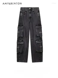 Women's Jeans 2024 Autumn Winter Retro Fashion Slim High Waist Black All Match Baggy Women OL Multi-Pocket Hip Hop Cargo Pants