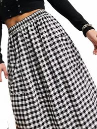 plus Size Summer Loose Casual Skirt Women Elastic Frt Pockets Plaid A-line Midi Skirts Female Large Size Clothing 4XL 5XL 6XL e7bl#
