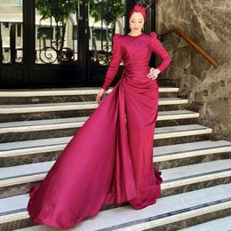 Party Dresses Fuchsia Formal Evening For Women Long Sleeves O Neck Modest Wedding Gowns Pleats Satin Mermaid Gown