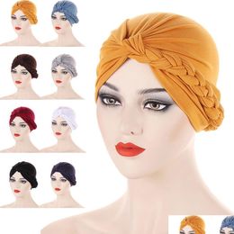 Beanie/Skull Caps Muslim Women Inner Braided Bandanas Hijab Comfort Fashion Turban Hat Colorf Cross Knot Chemo Hats Head Wea Dhgarden Dhyez