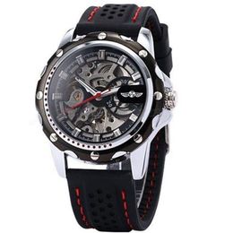 2022 New Winner Black Rubber Band Automatic Mechanical Skeleton Watch For Men Fashion Gear Wrist Watch Reloj Army Hombre Horloge323r