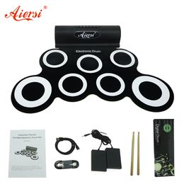 Aiersi Electronic Drum Digital USB MIDI 7 Pads Roll Up Set Silicone Electric Drum Pad Kit With DrumSticks Sustain Pedal