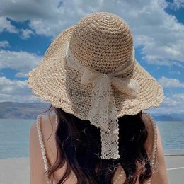 Wide Brim Hats Bucket Summer Hat Foldable Hollow Lace Decorative Straw Girl Outdoor Travel Brown Casual Beach Sunshade H240330
