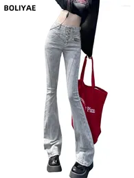 Women's Jeans Boliyae Spring Autumn Retro Grey High Waist Slim Flare Women Streetwear Denim Pants Y2K Fashion Street Trousers