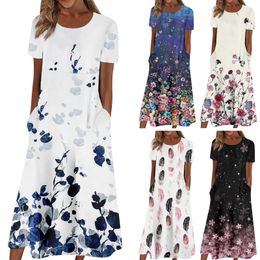 Summer Womens Casual Flower Print Short Sleeve Round Neck Dress