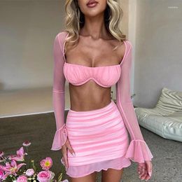 Work Dresses Style Sexy One-line Neck Bell Sleeve Mesh Top Pleated Tight Hip Skirt Two-piece Set Y2K Women's Clothing