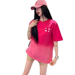 Summer women o-neck short sleeve cotton fabric logo embroidery tie-dying gradient color medium desinger long t-shirts