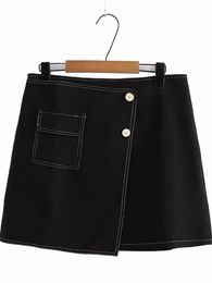 plus Size Women's Skirt N-Stretch Polyester Summer Black Miniskirt Asymmetric Stitching Decorati With Pockets And Butt H0zc#