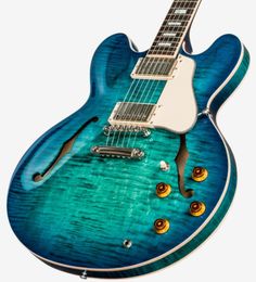 2018 Memphis 335 Semi Hollow Figured Aquamarine Jazz Electric Guitar Flame Maple Top Side Back Little Pin ABR1 Bridge Block6487276