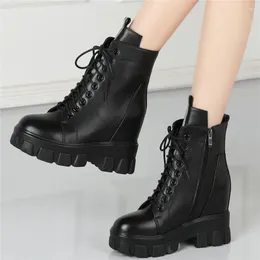 Casual Shoes Fashion Sneakers Women Lace Up Genuine Leather Chunky High Heel Vulcanised Female Top Round Toe Creepers