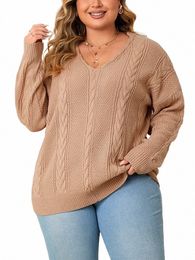 gibsie Plus Size Casual V Neck Cable Knit Sweaters Women Solid Colour Drop Lg Sleeve Loose Pullover Jumper 2023 Autumn Winter Y3xD#