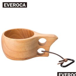 Mugs 1Pc Finland Kuksa Portable Coffee Mug Rubber Wood Handle Two Hole Cowe Rope Hook Juice Milk Drop Delivery Home Garden Kitchen, Di Dhlkj